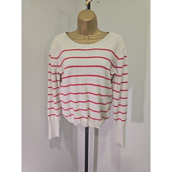 Y2K Princess Vera Wang Cream Red Sweater Womens XL  Stripe Sequin Holiday Bow - Picture 9 of 9